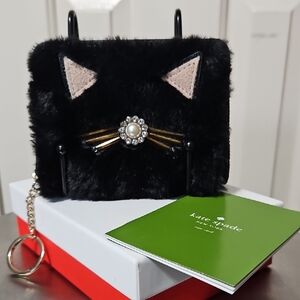 Kate NWOT Spade Black Faux Fur Cat Compact Wallet With Box